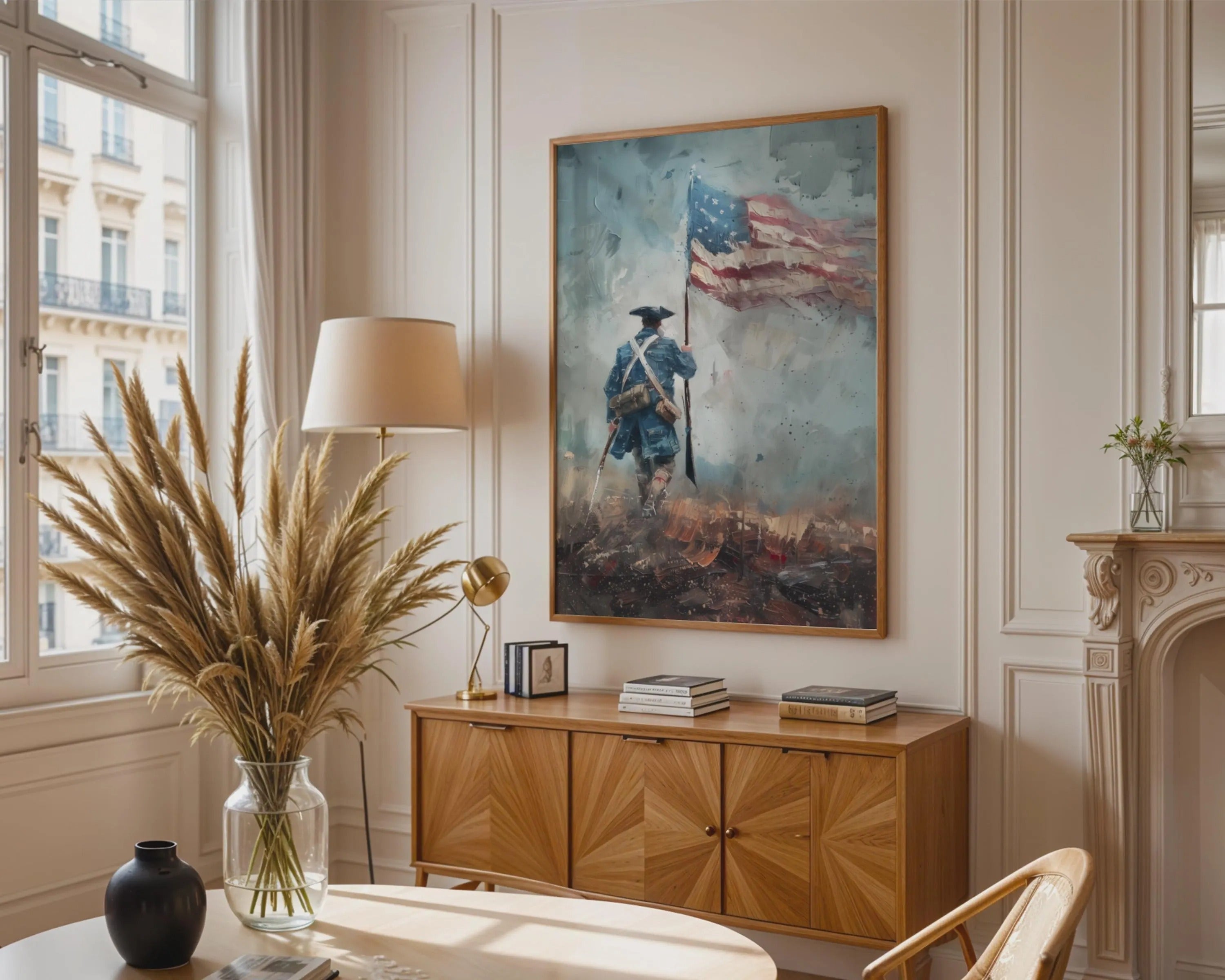 Revolutionary War Soldier Print, Impressionist American Flag Art, Blue Red Decor